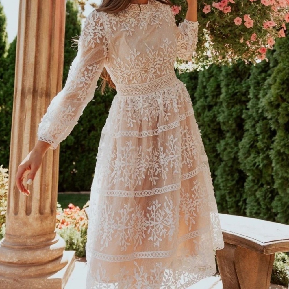Ivy City Co Womens Midi Dress XL White Nude Lace Floral Embroidered Romantic